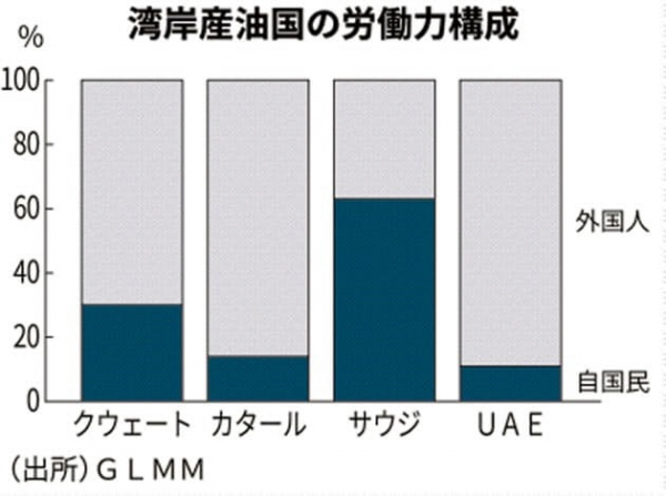 ▲걸프 산유국의 인력 구성. 회색 : 외국인/파란색 : 자국민. 왼쪽부터 쿠웨이트, 카타르, 사우디아라비아, 아랍에미리트(UAE) 