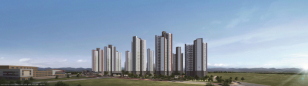 ▲두산건설이 천안시 동남구 청당동 일대에 분양하는 ‘행정타운 센트럴 두산위브’ 아파트 투시도.