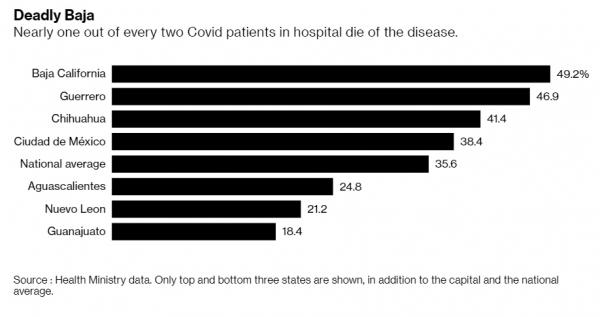 ▲멕시코 바하캘리포아니주에서 신종 코로나바이러스 감염증(코로나19) 입원 환자 중 절반이 사망한 것으로 알려졌다. 출처 블룸버그통신
