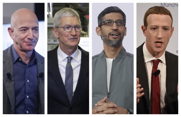▲왼쪽부터 제프 베이조스 아마존 최고경영자(CEO), 팀 쿡 애플 CEO, 순다르 피차이 구글 CEO, 마크 저커버그 페이스북 CEO. AP연합뉴스

