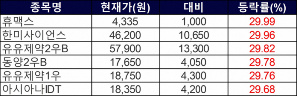 ▲28일 상한가 종목들. (자료제공=한국거래소)