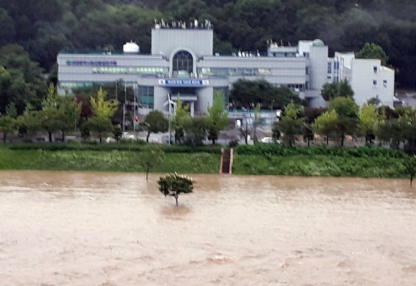 ▲30일 새벽 대전지역에 쏟아진 폭우로 시내를 관통하는 갑천이 물바다로 변해 있다.  (연합뉴스)