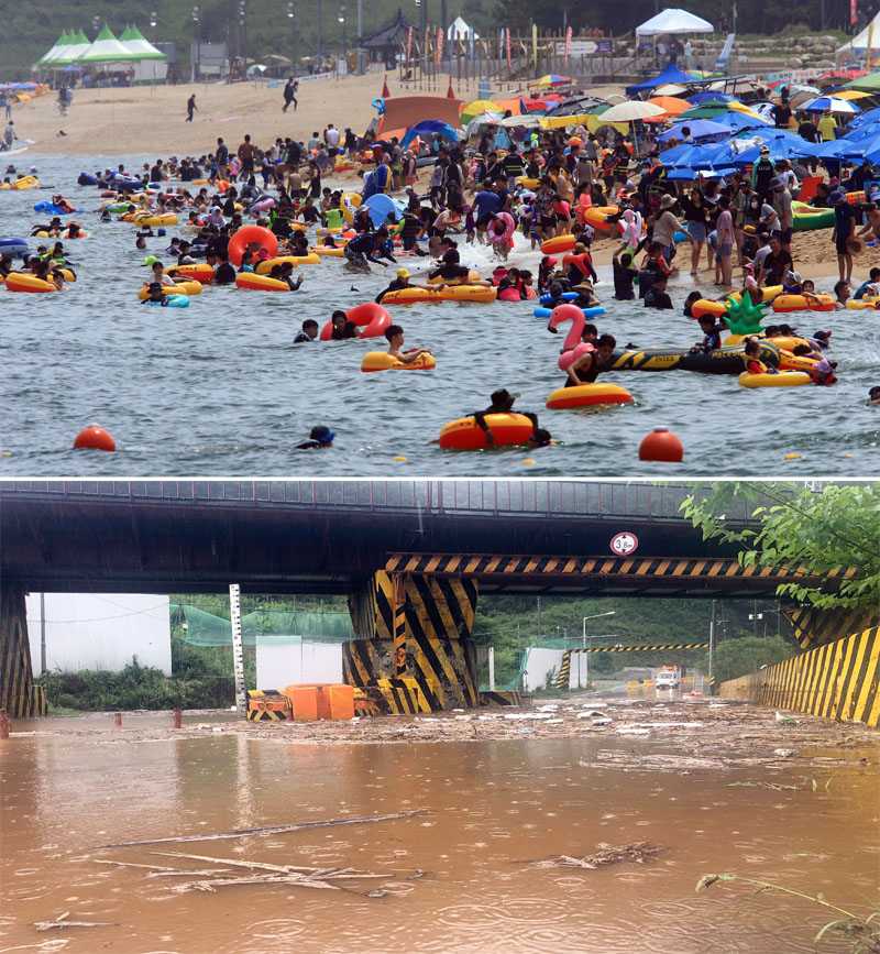 ▲휴일인 2일 속초해수욕장이 피서객들로 붐비고 있다 (사진 위), 2일 오전 충북 제천시 봉양읍 중앙선 연교역과 구항역 구간 철도 주변 도로가 침수돼 있다. (연합뉴스)