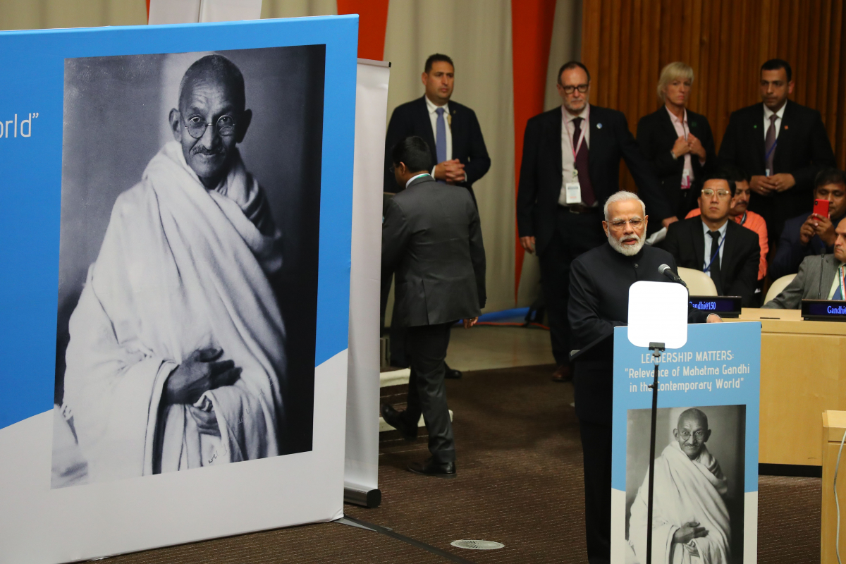 ▲나렌드라 모디 인도 총리가 지난해 9월 24일(현지시간) 뉴욕 유엔본부 경제사회이사회 회의장에서 열린 간디 탄생 150주년 기념 고위급 행사에서 특별연설을 하고 있다. (뉴시스)