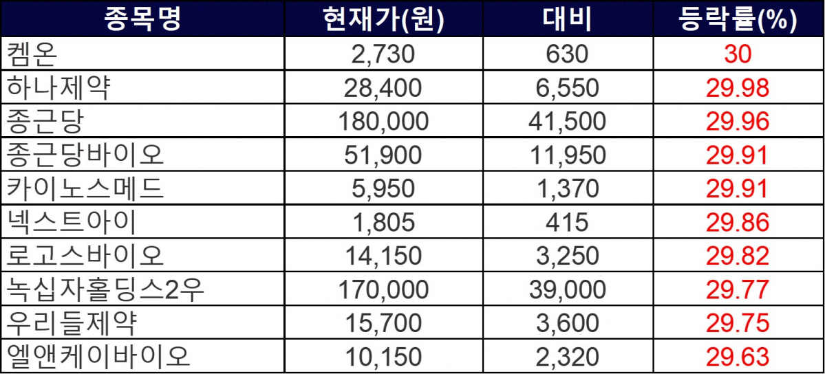 ▲4일 상한가 종목들. (자료제공=한국거래소)