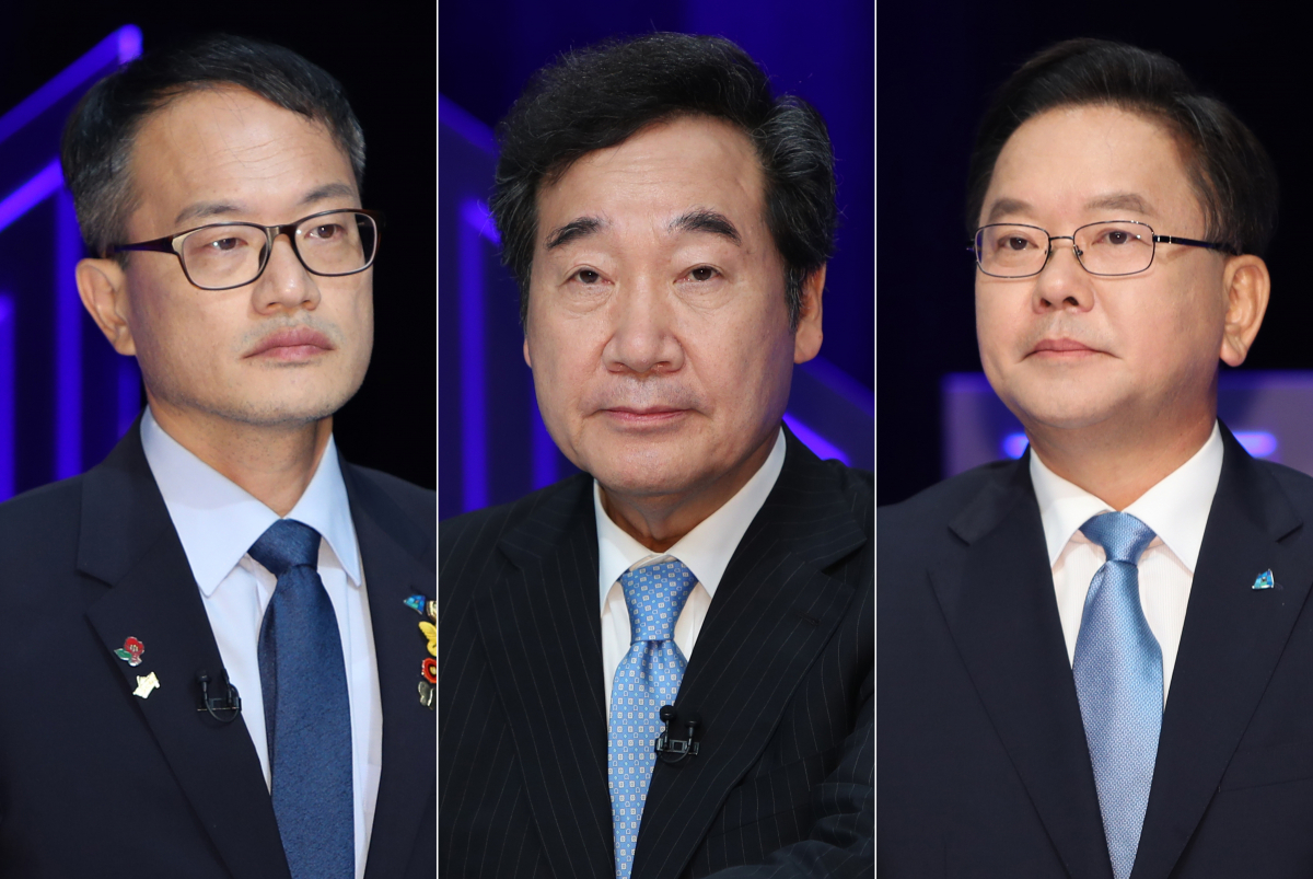▲더불어민주당 당 대표 선거에 출마한 (왼쪽부터) 박주민, 이낙연, 김부겸 후보가 7일 kbc광주방송에서 열린 광주·전남 권역 방송토론회에 자리하고 있다. (연합뉴스)