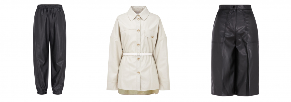 ▲쥬시 꾸뛰르의 페이크 레더 조거 팬츠(왼쪽부터), 지컷 페이크 레더 벨트 재킷 언발 포켓 페이크 레더 팬츠
 (사진 제공=쥬시 꾸뛰르)