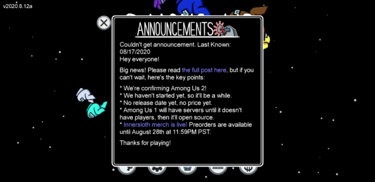 ▲'어몽어스 2' 개발 소식을 발표한 이너슬로스 (출처='어몽어스' 게임 캡처)