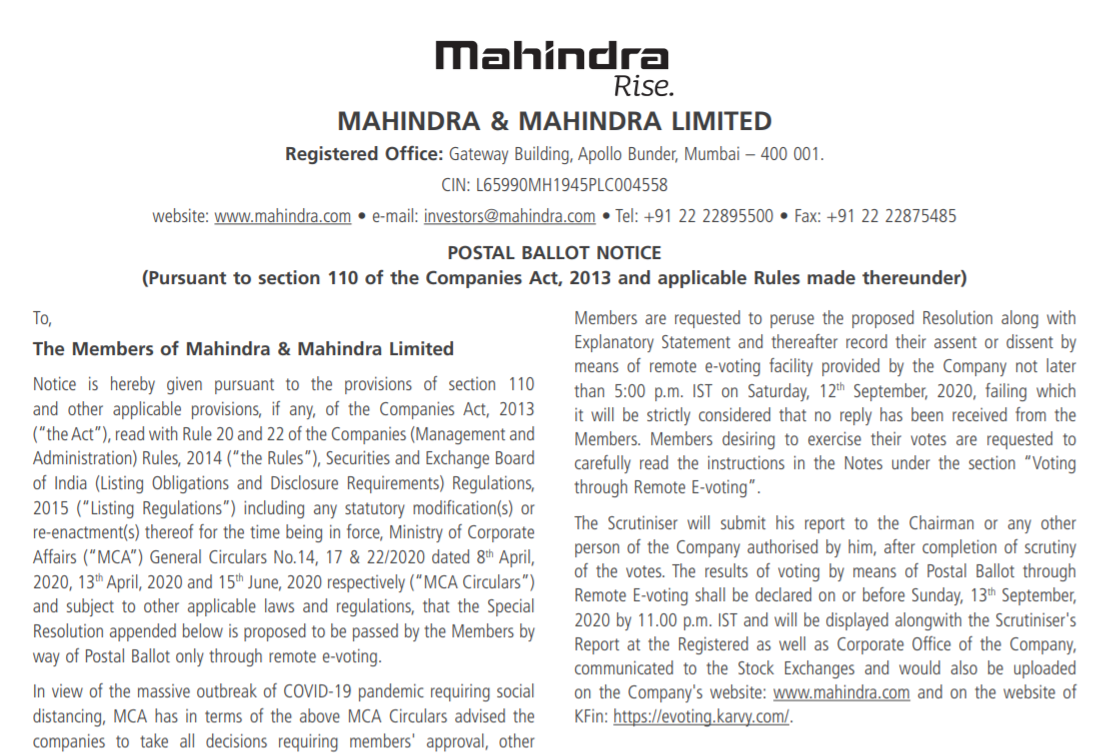 ▲쌍용차 지분 축소를 다루기 위한 마힌드라의 투표 통지서  (출처=마힌드라)