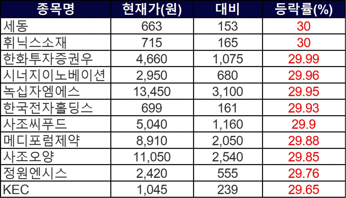 ▲31일 상한가 종목들. (자료제공=한국거래소)