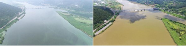 ▲지난달 6일 녹조가 발생해 경계가 발령된 창녕함안보(왼쪽)와 21일 강우 후 모습. (사진제공=환경부)