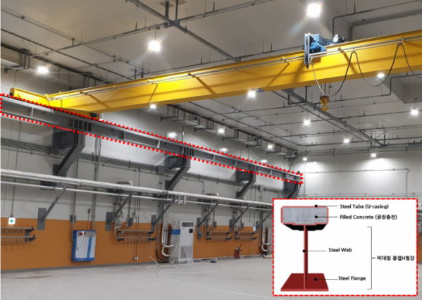 ▲포스코건설이 개발한 'TH 빔 공법'이 지난달 건설신기술 제893호로 지정됐다. 사진은 TH 빔을 사용한 천장 크레인. (사진 제공=포스코건설)