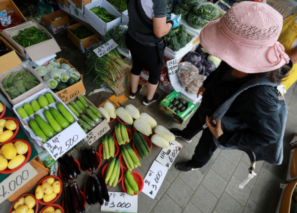 ▲17일 오후 서울 경동시장의 한 상점에서 시민들이 채소를 구매하고 있다.  (뉴시스)