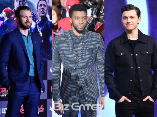 ▲크리스 에반스, 채드윅 보스만, 톰 홀랜드(비즈엔터DB)