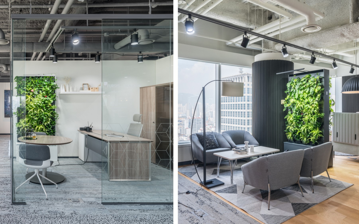 ▲나아바 그린월을 활용한 퍼시스 부산센터 쇼룸 전경. (사진제공=퍼시스)