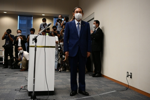 ▲스가 요시히데 일본 관방장관이 2일 자민당 총재 선거 출마를 공식 선언했다. 도쿄/AFP연합뉴스
