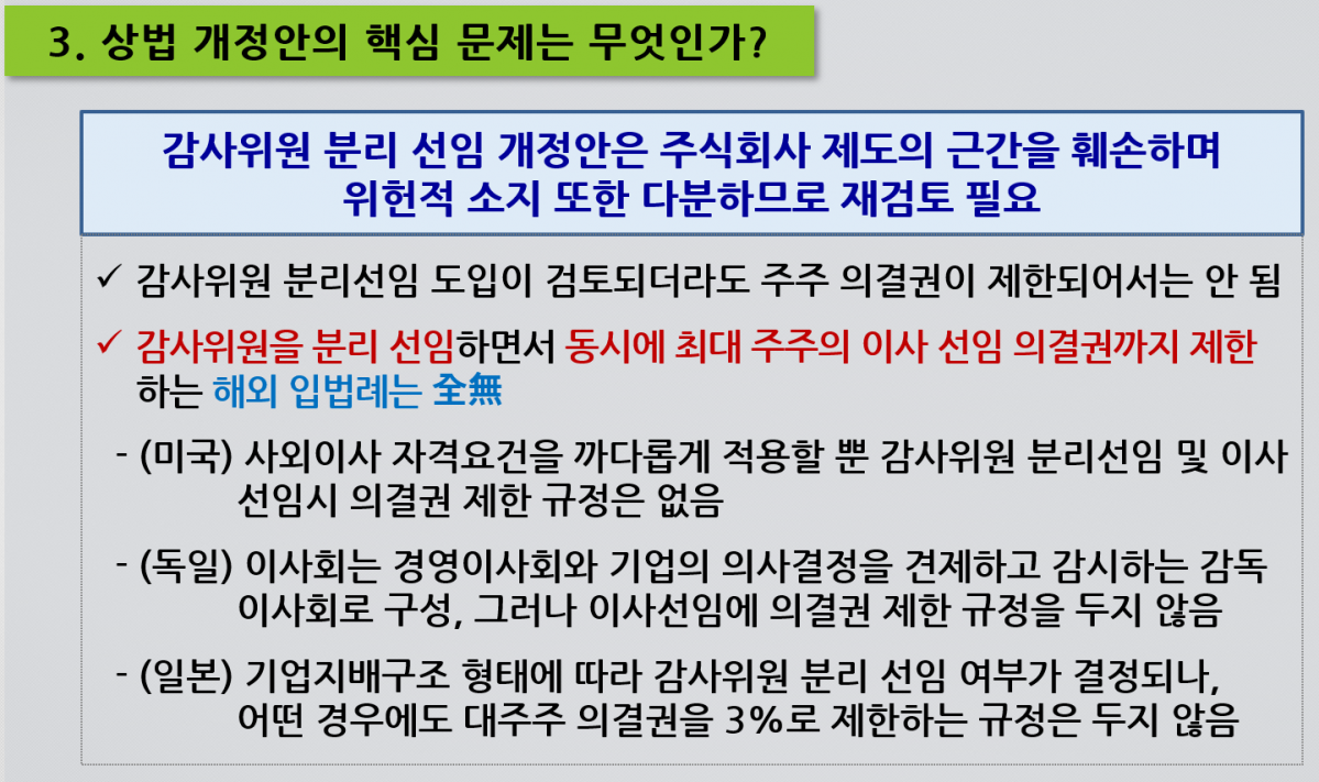 ▲'감사위원 분리 선임'을 담은 상법개정안  (사진제공=KAMA)