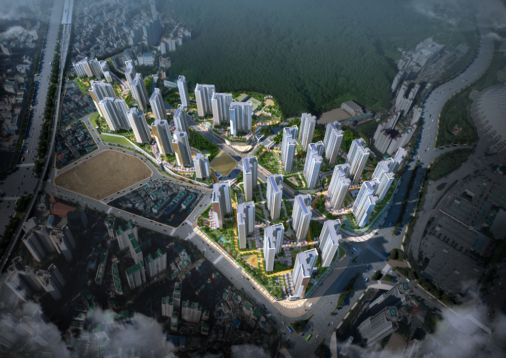 ▲삼성물산과 대림산업, HDC현대산업개발 컨소시엄이 부산시 연제구 거제2구역 일대를 재개발해 짓는 ‘레이카운티’ 아파트 조감도.