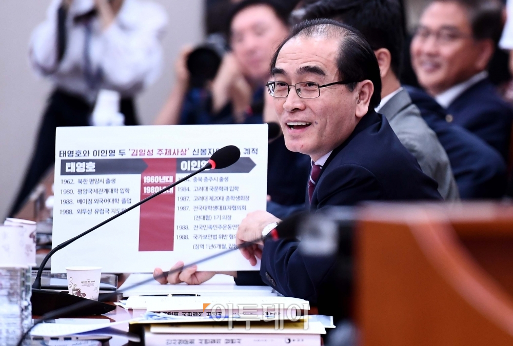 ▲태영호 국민의힘 의원이 7월 23일 서울 여의도 국회에서 열린 이인영 통일부 장관 후보자 인사청문회에서 이 후보자에게 질의하고 있다. (신태현 기자 holjjak@ )