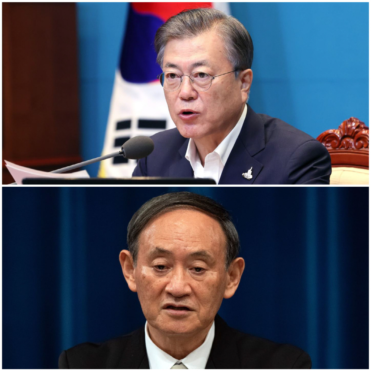 ▲문재인 대통령(사진 위쪽)과 스가 요시히데 일본 총리. AP뉴시스
