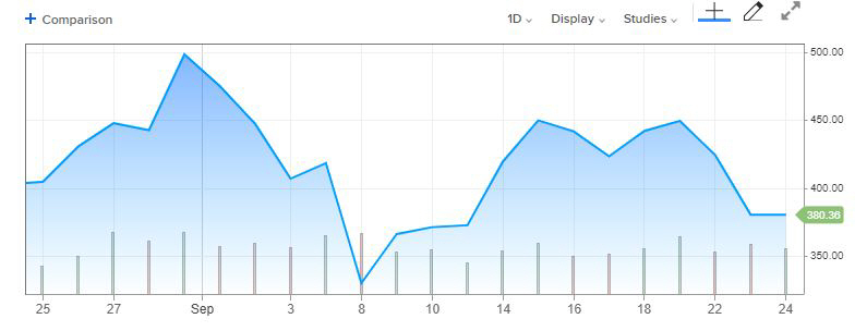▲테슬라 최근 1개월간 주가 추이. 23일(현지시간) 380.36달러. 출처 CNBC