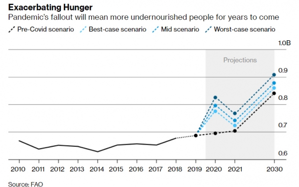 ▲팬데믹(세계저거 대유행) 여파는 앞으로 수년간 더 많은 사람들이 영양부족에 빠지게 될 것을 의미할 것이다. 왼쪽부터 코로나19 이전 시나리오, 최선의 시나리오, 중간 시나리오, 최악의 시나리오. 출처 블룸버그
