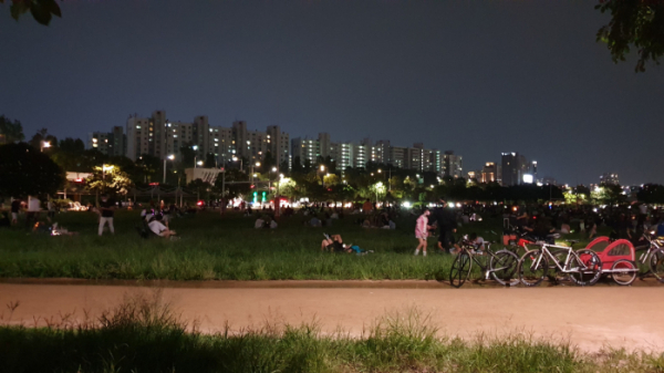 ▲지난 5일 밤 11시 경 서울 한강공원 잠원지구에 몰려나온 시민들.  (독자)