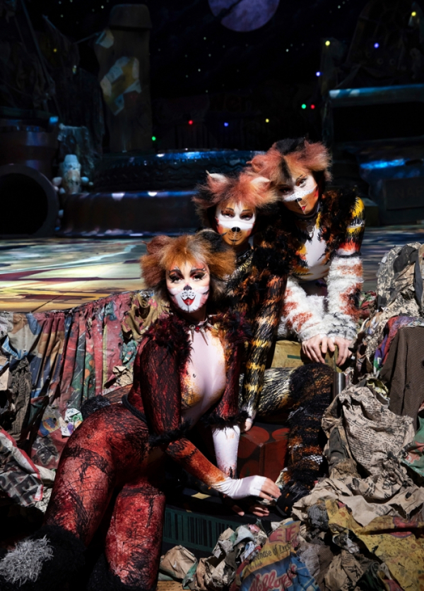 ▲고양이로 분장한 '캣츠'의 배우들이 '메이크업 마스크'를 착용하고 포즈를 취하고 있다. (사진제공=에스앤코)