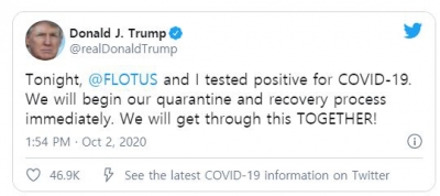 ▲도널드 트럼프 미국 대통령이 2일(현지시간) 트위터에 자신이 코로나19에 감염됐다는 사실을 밝히고 있다. 출처 트럼프 트위터
