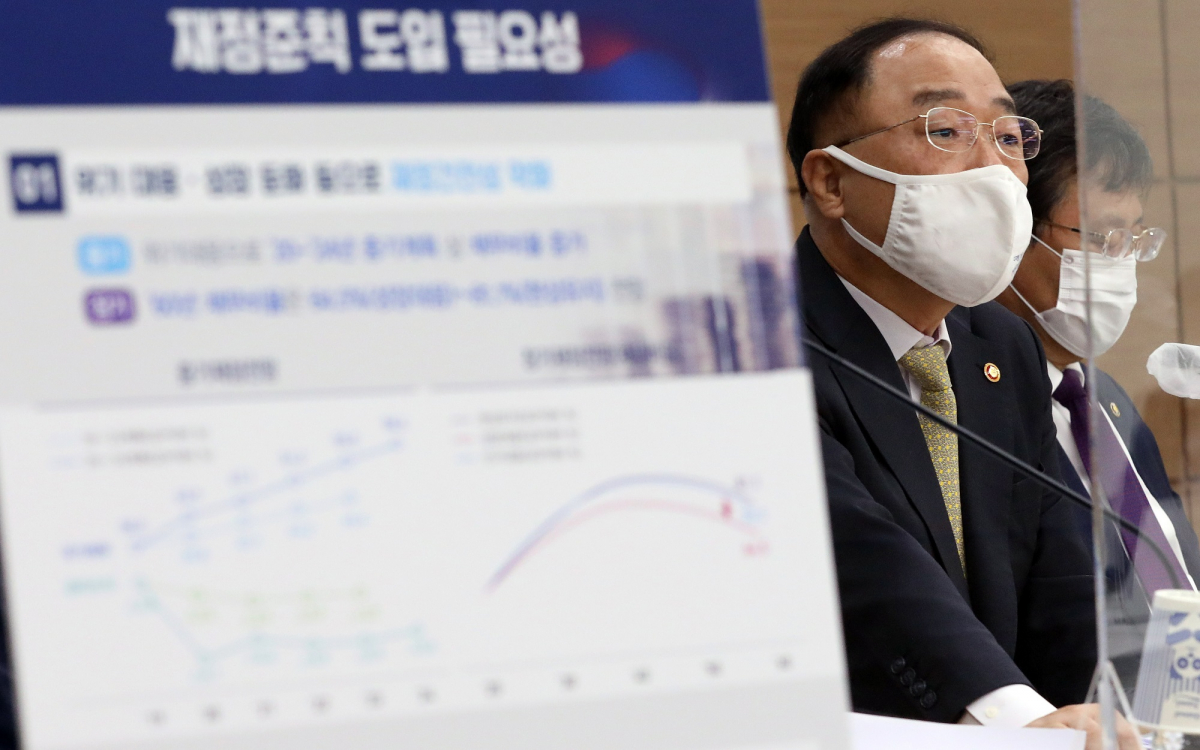 ▲홍남기 부총리 겸 기획재정부 장관이 5일 오후 정부세종청사에서 한국형 재정준칙 도입방안을 발표하고 있다. (뉴시스)