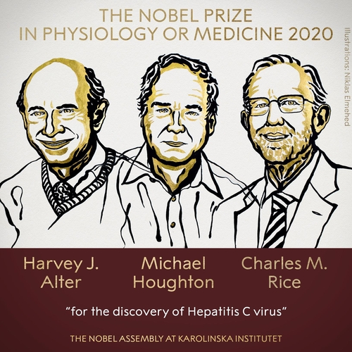 ▲2020년 노벨상이 생리의학 분야 수상을 통해 서막을 올렸다. 왼쪽부터 수상자인 하비 알터, 마이클 호튼, 찰스 라이스. (노벨상 트위터 캡처)