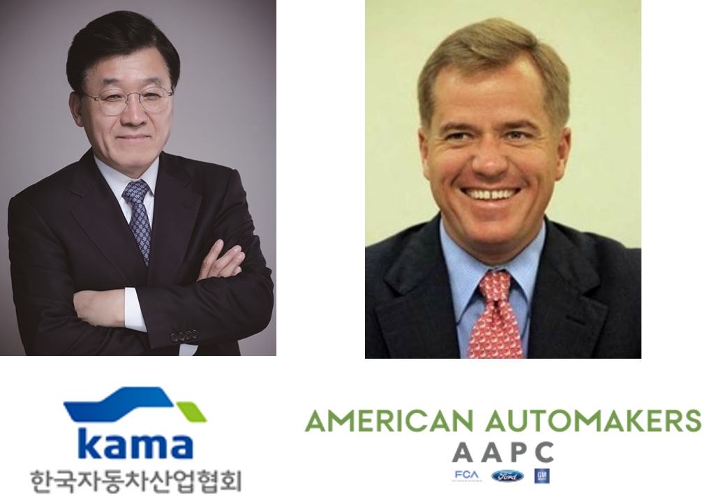 ▲한국자동차산업협회(KAMA)와 미국 자동차정책협의회(AAPC)가 지난잘 28일 화상회의를 열었다. 정만기 KAMA 회장(왼쪽)과 매트 블런트 AAPC 회장(오른쪽)이 양국 통상현안에 관해 논의했다.  (사진제공=양 협회)