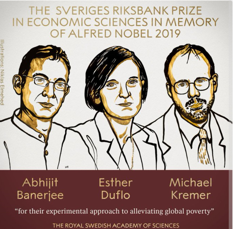 ▲왼쪽부터 지난해 노벨 경제학상 수상자인 아브지히트 바네르지 교수, 에스테르 뒤플로 교수, 마이클 크레이머 교수. (출처=노벨위원회 홈페이지)