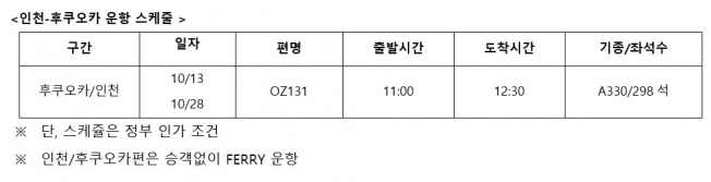 ▲아시아나항공 인천-후쿠오카 노선 운항 스케줄. (사진제공=아시아나항공)
