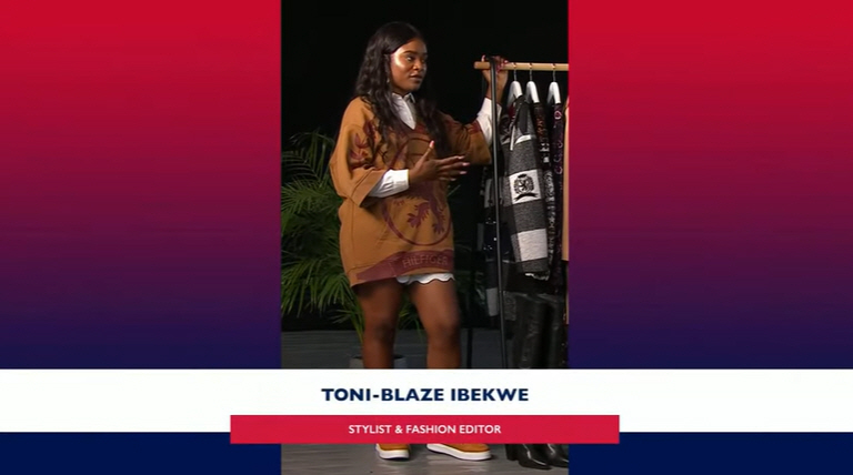 ▲토니 블레이즈 이베크웨 원더랜드 매거진 에디터가 지난달 30일 타미 힐피거 라이브스트리밍에 출연해 타미 힐피거 가을 컬렉션에 대한 설명을 하는 모습. 출처=타미 힐피거 유튜브 캡쳐
