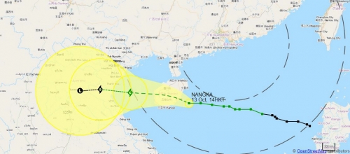 ▲제16호 태풍 낭카의 이동 경로. 낭카는 13일 오후 2시 기준 홍콩 남서쪽 530km 해상에서 중국 하이난을 향해 이동하고 있다. 출처 홍콩 기상대
