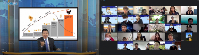 ▲2020 월드옥타 도쿄지회 차세대 글로벌창업무역스쿨 참가자들이 17일 온라인들 통해 월드옥타 하용화 회장 강연을 듣고 있다. 