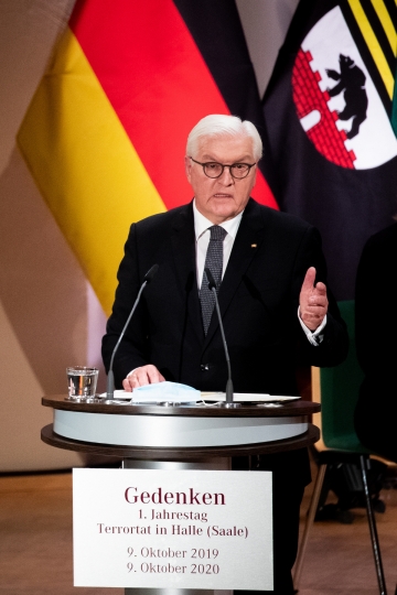 ▲프랑크-발터 슈타인마이어 독일 대통령이 9일(현지시간) 독일 동부 할레에서 연설을 하고 있다.  (할레/EPA연합뉴스)