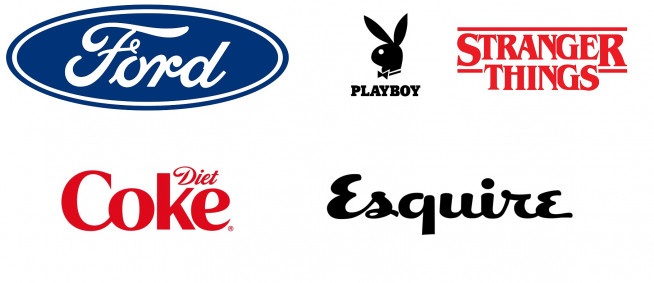 ▲벵기어트가 개발한 로고. (왼쪽 위부터 시계방향) 포드, 플레이보이, 넷플릭스 ‘기묘한 이야기’, 에스콰이어, 코카콜라 ‘다이어트코크’ 출처 구글 검색