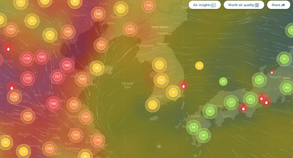 ▲미세먼지 수치를 나타낸 홈페이지. 21일 중국에는 '매우나쁨'에 해당하는 도시들이 많다. (에어비주얼 홈페이지 캡처)