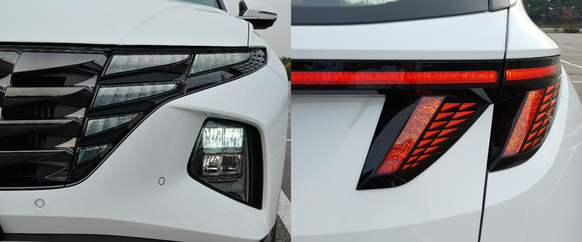 ▲그릴 양 옆에는 날개 모양의 주간주행등이, 후면에는 송곳니 모양의 날렵한 램프가 자리했다.  (유창욱 기자 woogi@)