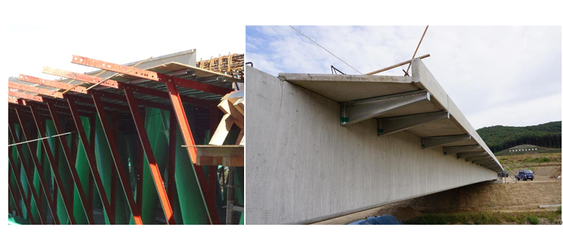 ▲롯데건설은 최근 교량 슬라브 캔틸레버부에 탈착식 브라켓을 설치해 PC패널을 시공하는 공법으로 건설 신기술을 취득했다. 사진은 재래식 합판 거푸집 공법(왼쪽)과 BBCM 공법(오른쪽)으로 캔틸레버부에 탈착식 브라켓이 PC 패널을 받치고 있는 모습. (사진 제공=롯데건설)