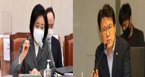 ▲(왼쪽부터)박영선 중기부 장관과 황운하 민주당(대전 중구) 의원 (연합뉴스)