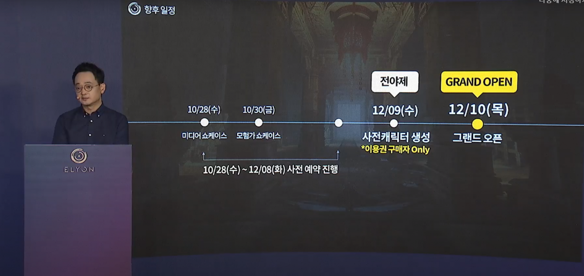 ▲엘리온 정식 출시 일정. (사진제공=엘리온 온라인 쇼케이스 캡처)