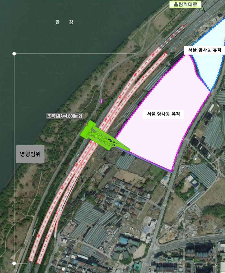 ▲서울 한강-암사 선사 유적지 연결 '암사초록길' 위치도.  (자료제공=서울시)