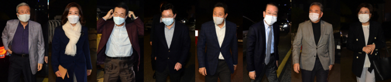 ▲김종인 국민의힘 비상대책위원장과 서울지역 중진 정치인들이 2일 서울 종로구 한 음식점에서 만찬 회동을 위해 각각 입장하고 있다.왼쪽부터 김 위원장, 나경원, 김성태, 김용태, 오세훈, 권영세, 박진, 이혜훈. (연합뉴스)