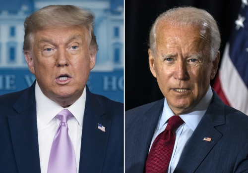 ▲도널드 트럼프(왼쪽) 미국 대통령과 조 바이든 미국 민주당 대통령 후보의 모습이 각각 보인다. AP뉴시스
