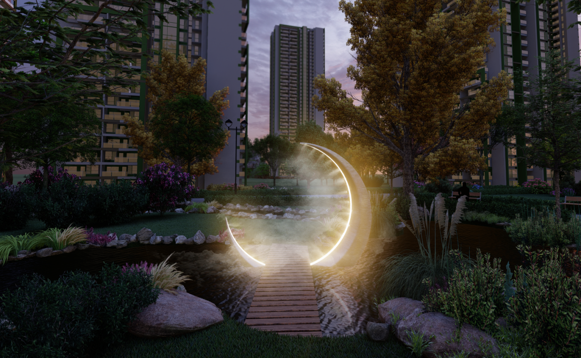 ▲현대엔지니어링은 올 4분기 분양하는 아파트 단지부터 차세대 주거 상품인 '넥스트 스마트 솔루션'을 적용한다고 4일 밝혔다. 그림은 환경 정화 식물에 초미세 물방울을 뿌려 미세먼지를 흡착하고 주변 온도를 낮추는 '미스트 랜드스케이프' 기술 구상도. (자료 제공=현대엔지니어링)