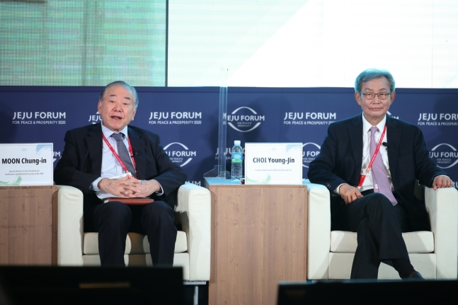 ▲문정인 대통령 통일외교안보 특보가 7일 제주포럼에 참석해 발언하고 있다.  (연합뉴스)