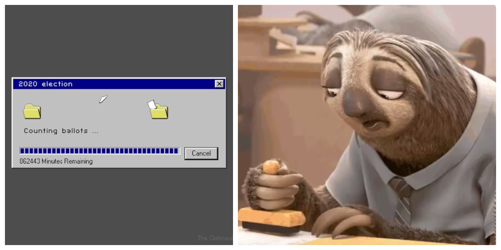 ▲미국인들이 미국의 느려터진 대선 개표 작업을 조롱한 사진들. 왼쪽은 버퍼링 창에 ‘2020 대선, 표 집계 중, 86만2443분 남음’, 오른쪽은 애니메이션 ‘주토피아’에서 일처리가 느린 공무원을 빗댄 나무늘보 캐릭터. 출처 : 트위터 (트위터 캡처)